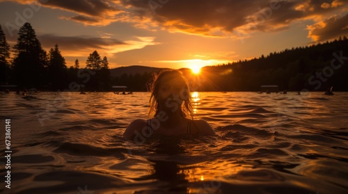 girl swimming in the sunset