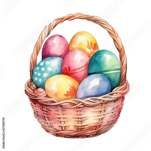 Spring easter eggs in a basket isolated on white transparent background