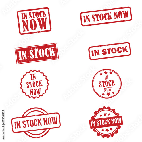 Set of In Stock Now red rubber grunge stamp seal, collection
of red in stock now stamp
