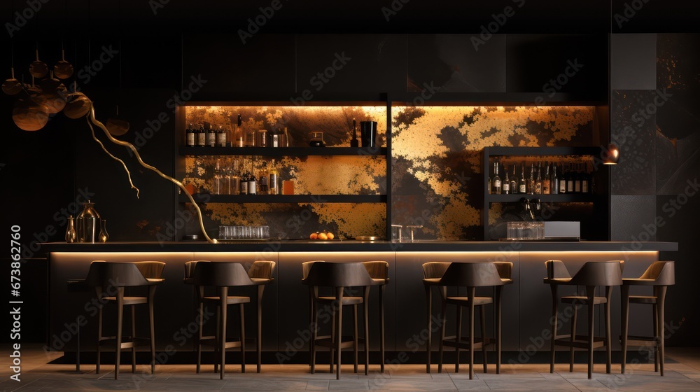 Luxury bar made of marble with yellow neon lighting