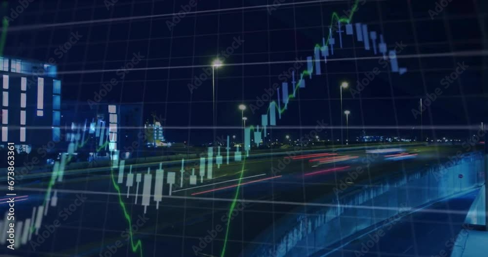 Animation of multiple graphs over time lapse of moving vehicles on street against buildings Animation of multiple graphs over time lapse of moving vehicles on street against buildings