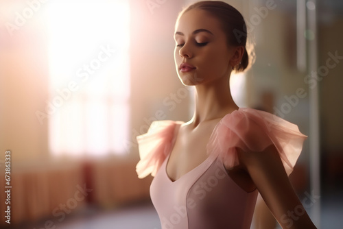 Portrait of a ballerina in a pink tutu dress dancing in studio, young female ballet dancer in studio