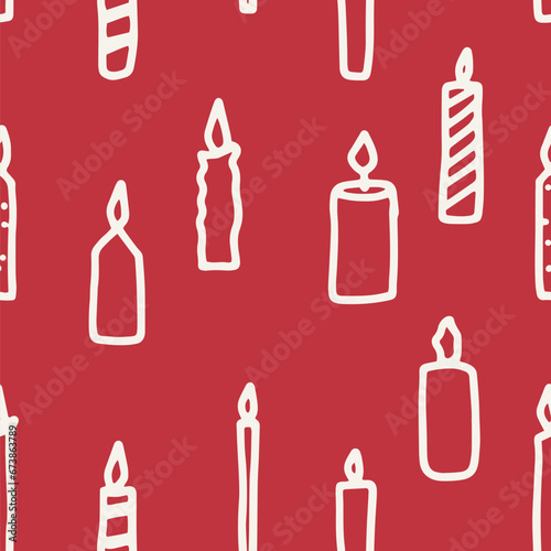 Burning candles. Hand drawn doodle pattern. Holiday background