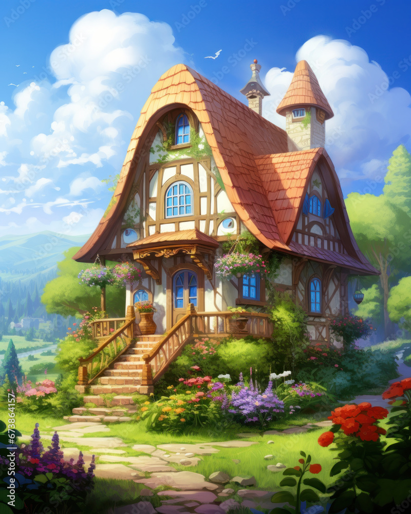 Obraz premium Fairy tree house in fantasy forest with stone road