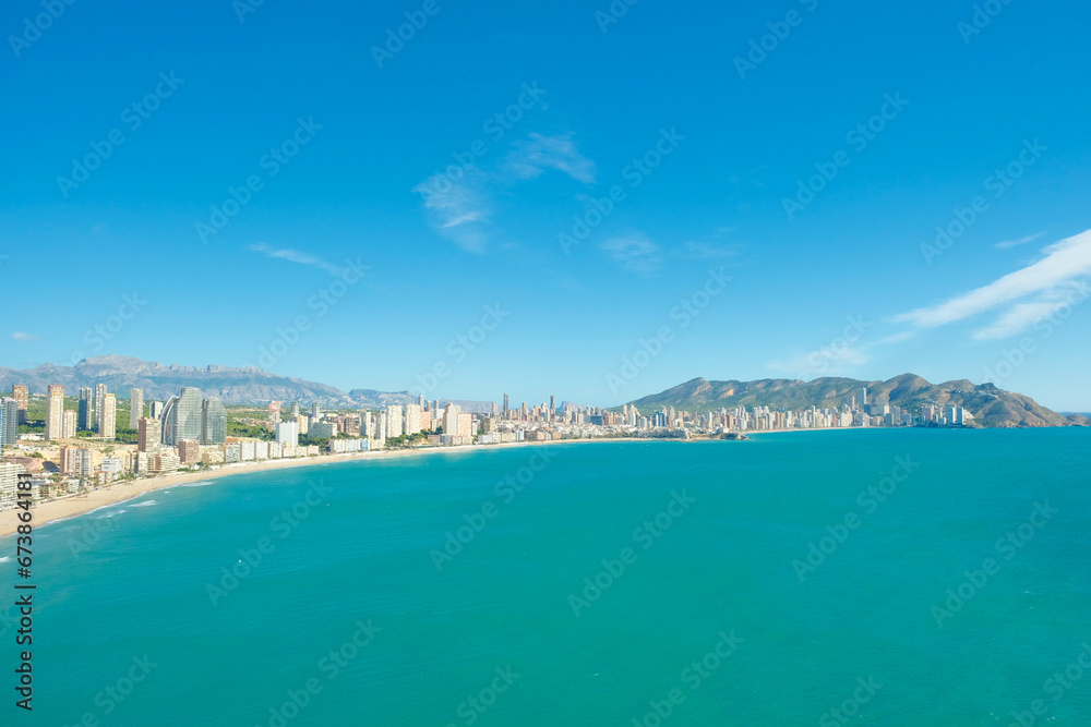 Aerial view to turquoise Mediterranean sea and Benidorm resort, Poniente beach, Alicante province, Spain