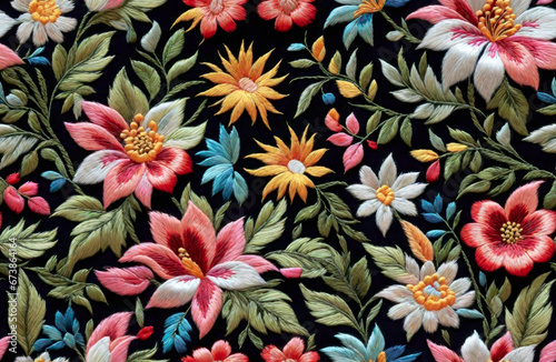 Seamless realistic embroidery fantasy floral pattern design. Generative ai photo