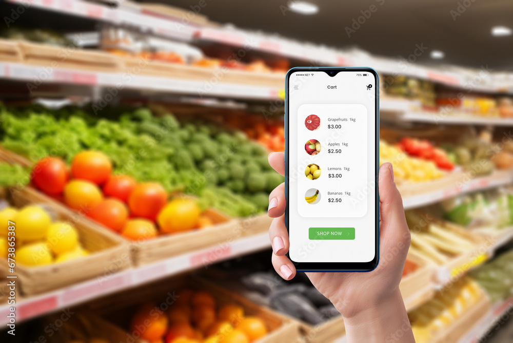 Smartphone used in grocery store displaying purchased items and prices ...