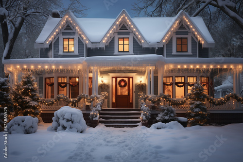 Winter Celebration: Illuminated Holiday House Amidst Snowy Night with Festive Trees