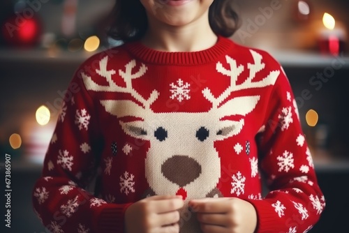 knitted christmas sweater with deer motif female fashion photo