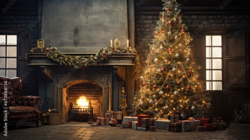 christmas tree in front of the fireplace christmas tree in front of the fireplace