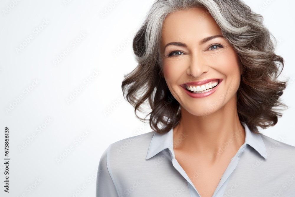 Elegance in Simplicity: A Smiling and Happy Mature Lady Radiates Contentment on a Plain Grey Background, Capturing the Essence of Serenity and Grace Elegance in Simplicity: A Smiling and Happy Mature Lady Radiates Contentment on a Plain Grey Background, Capturing the Essence of Serenity and Grace