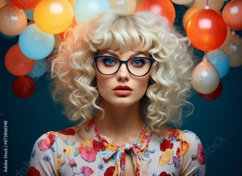 A woman with curly blonde hair wearing a colourful floral dress  navy blue glasses with coloured balloons in the background