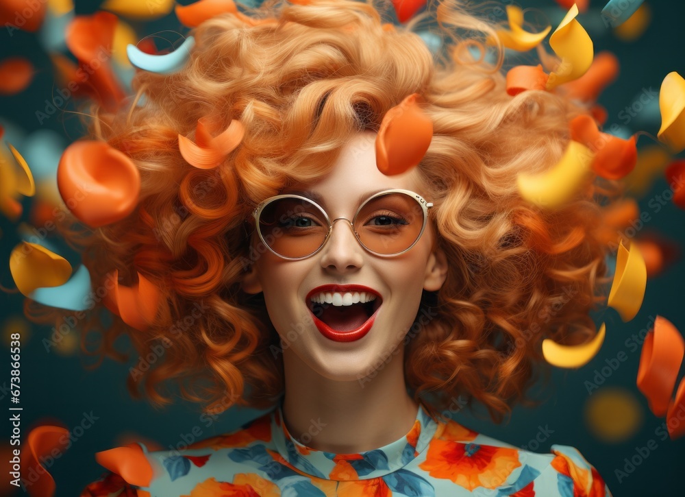 A retro inspired woman with red hair and glasses is surrounded by blue, orange and yellow confetti