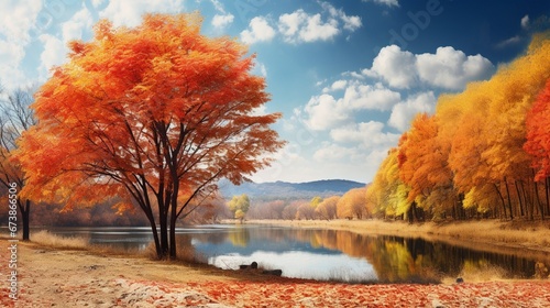 Tranquil Autumn Countryside  Reflections of Maple Tree on Lake generated by AI tool 