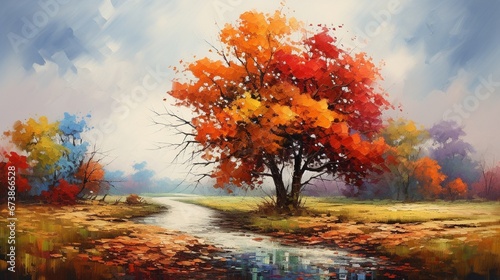 Tranquil Autumn Countryside: Reflections of Maple Tree on Lake generated by AI tool 