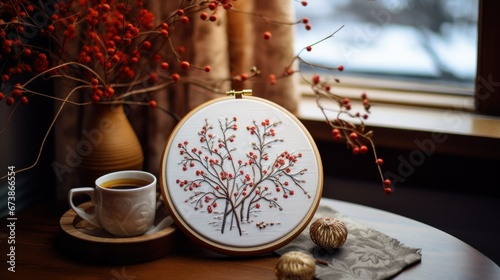 Winter cozy hobbies. Embroidery in a round hoop with a winter pattern and accessories for embroidery. Making Christmas gifts. The process of hand embroidery with a long stitch on a winter theme. photo