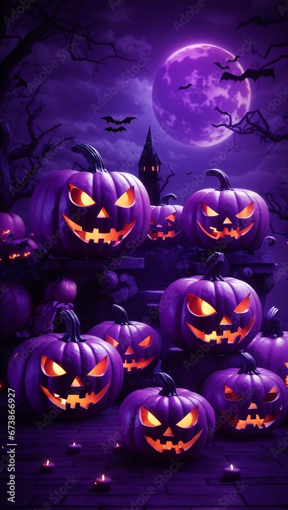 Halloween professional night 3D cartoon style pumpkin and mansion flyer portrait banner celebration design