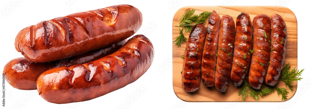 Grilled bratwurst sausages bundle isolated on transparent background - obrazy, fototapety, plakaty 