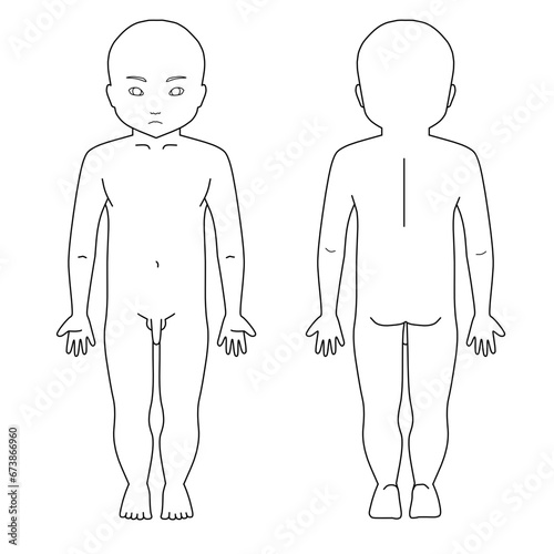 小児男児全身シェーマ図　顔有り　白黒