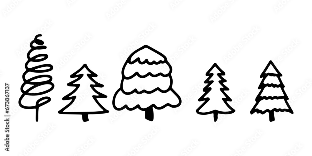 Christmas tree. Set of doodle illustrations of firs. Black ink and brush sketches of spruce for cards and package design. Vector elements Christmas tree. Set of doodle illustrations of firs. Black ink and brush sketches of spruce for cards and package design. Vector elements