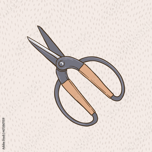 Old scissors in vintage engraved style. Floral scissors for horticulture (flowers, trees, garden) isolated textured background. Antique garden scissors. Vector Hand Drawing.
