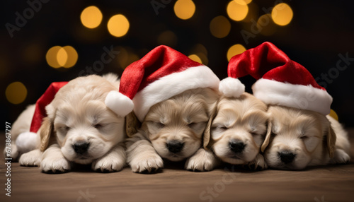 puppies wearing santa hat © Krisana
