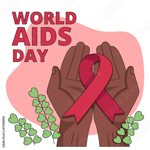 International AIDS Day. Illustration with hands holding red ribbon symbol. Vector graphic.