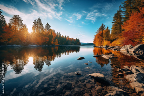 Beautiful autumn with Colorful foliage trees in forest on the shore and calm lake at sunset, Countryside, Peaceful nature landscape