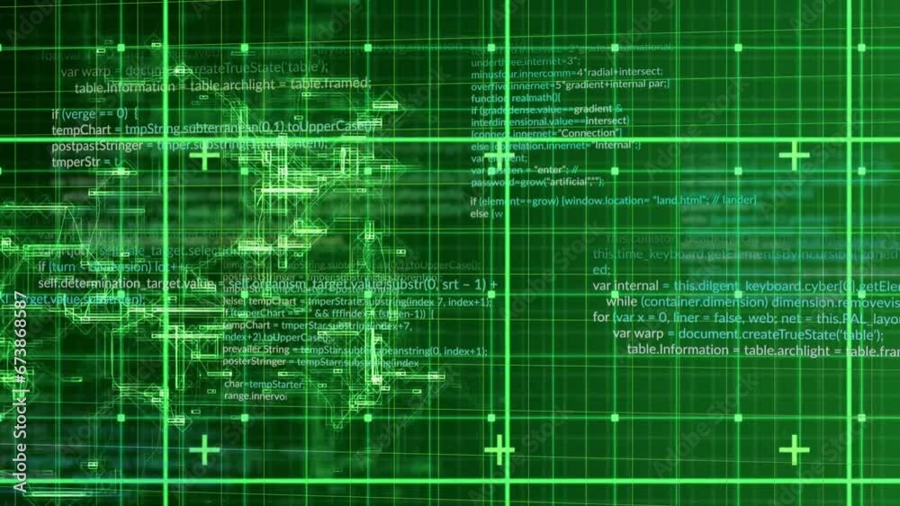 Animation of data processing over grid and dark background Animation of data processing over grid and dark background
