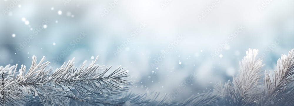 beauty of winter with frosted spruce branches, pristine snow drifts, and enchanting bokeh lights in the background