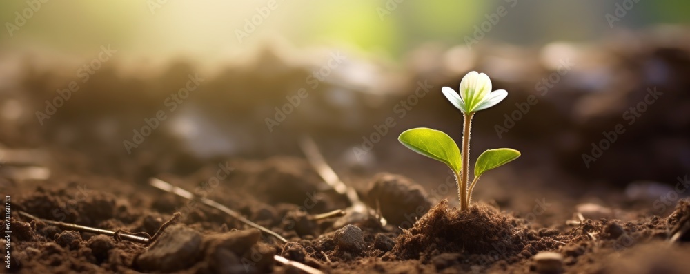 small flower seedling in the soil close up - obrazy, fototapety, plakaty 