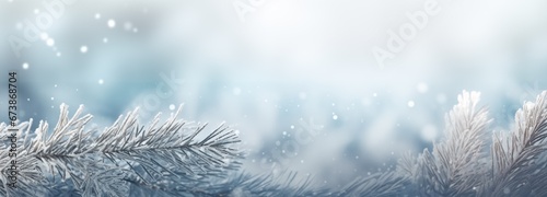 beauty of winter with frosted spruce branches, pristine snow drifts, and enchanting bokeh lights in the background