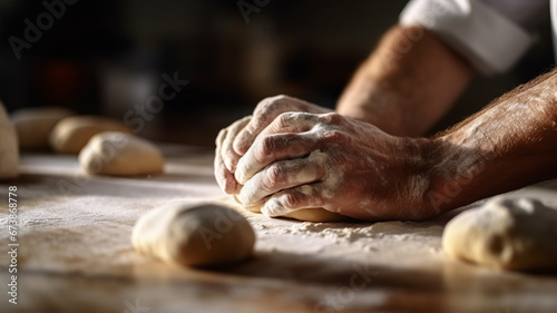Close up of hand kneading the dough on the table in the kitchen generative ai
