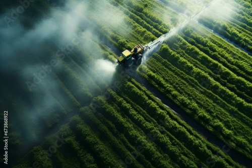Bird s-eye view of a tractor spraying lush landscapes. Generative AI