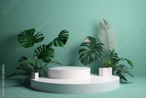 Podium with foliage for showcasing products. Generative AI