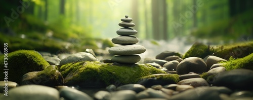 tower of zen stones in summer forest on sunny day
