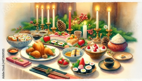 A watercolor scene of a traditional Japanese Christmas dinner  the table is adorned with typical holiday decorations such as candles and small evergreens