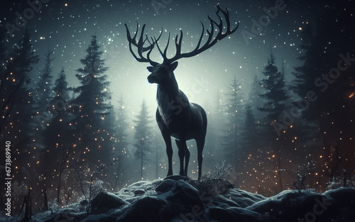 Elk or reindeer stag in a magical forest with sparkling lights antlers beautiful realistic deer Natural landscape background in winter forest © nana