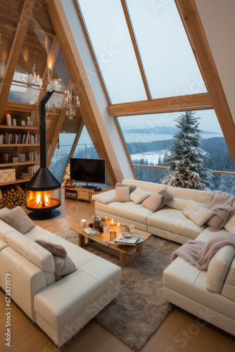 Modern style with a living room fireplace and a winter landscape outside the window.  AI generation
