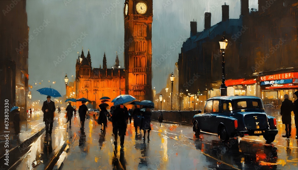 ロンドンの街を描写した絵画、雨に濡れた美しい街｜A painting depicting the city of London, a beautiful city soaked in the rain. Generative AI - obrazy, fototapety, plakaty 