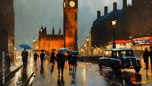 ロンドンの街を描写した絵画、雨に濡れた美しい街｜A painting depicting the city of London, a beautiful city soaked in the rain. Generative AI photo