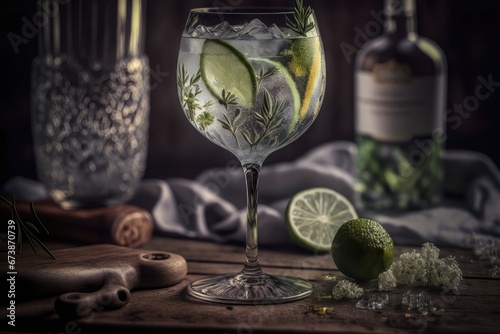 Gin and tonic cocktail at nice dark background. Generative Ai