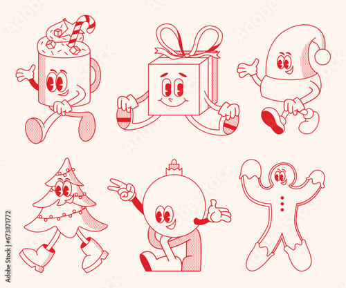 Christmas and New Year retro cartoon characters set. Christmas tree, coffee drink, bauble, present. Merry xmas Vector mascot groovy illustration in trendy vintage comic style isolated on background