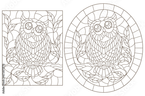 Fototapeta Naklejka Na Ścianę i Meble -  Set of contour illustrations with a cute owls on a branches, dark contours on white background