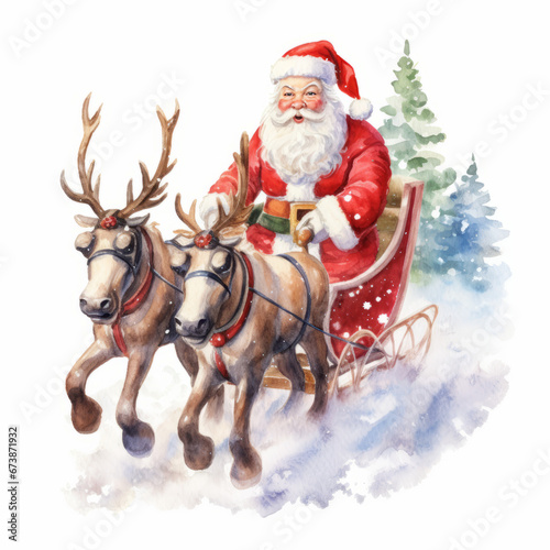 Santa Claus rides in a sleigh, Christmas and New Year's theme in watercolor style on white background © shotikwang