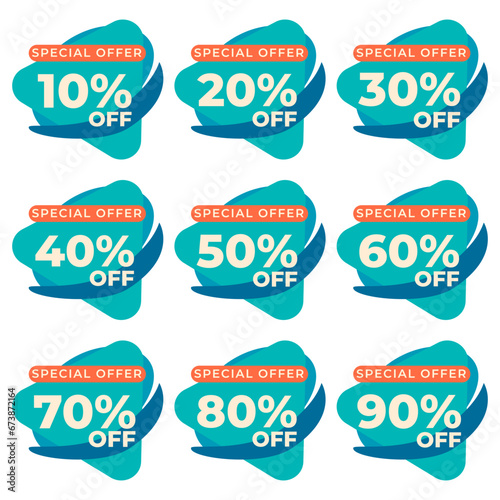 SET SALE TAG BADGE TEMPLATE FLAT COLOR DESIGN. OFFER WITH DIFFERENT DISCOUNT FROM 10, 20, 30, 40, 50, 60, 70, 80, 90 PERCENT OFF.MODERN DESIGN VECTOR FOR YOUR BUSINESS