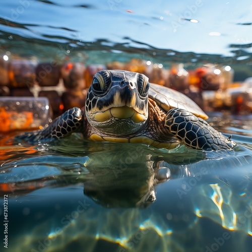 Underwater shot of a sea turtle among plastic trash  Concept  illustration of the environmental problem of ocean plastic pollution  marine fauna conservation and the fight against plastic waste