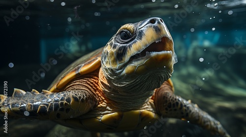Underwater shot of a sea turtle among plastic trash, Concept: illustration of the environmental problem of ocean plastic pollution, marine fauna conservation and the fight against plastic waste