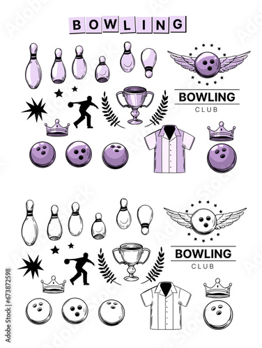 Bowling vector illustration. set of objects for design