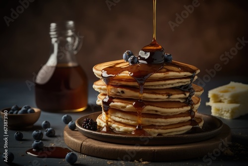 Homemade american pancakes with honey. Sweet Breakfast. Generative Ai
